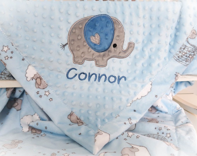 Personalized Elephant Baby Blanket, Elephant Minky Blanket, Personalized Baby Blanket Boy