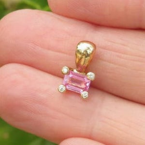 Pink Sapphire Pendant: 14k Yellow Gold Necklace with Diamond Accents