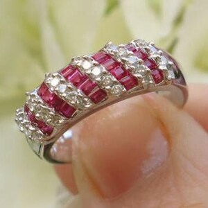 Ruby and Diamond 18k White Gold Anniversary Ring - Baguette & Round Cut