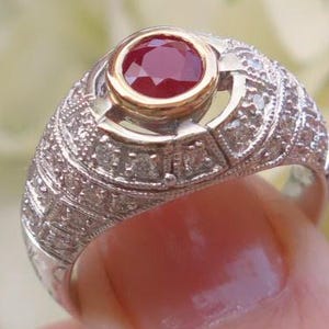 Ruby Diamond Ring: 18k Gold Bezel, Antique Style Engagement