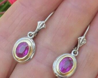 14k Gold Rubellite Tourmaline Earrings: Two-Tone Dangle Gemstones