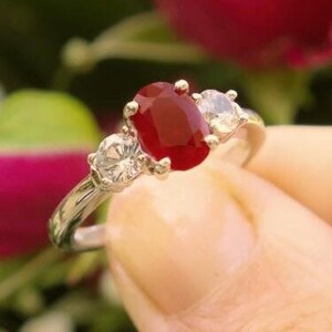 Burmese Ruby Ring: 14k White Gold, White Sapphire Accents