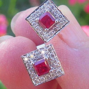 Princess Cut Ruby Diamond Halo Earrings: 14k White Gold Studs