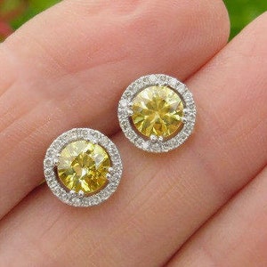 Genuine Round Yellow Sapphire Stud Earrings Diamonds in 14k White Gold, Natural Sapphire Solitaire Earrings, Gemstone Earring Gift for Her