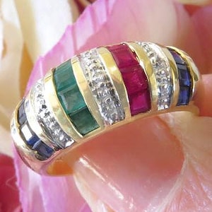 14k Gold Gemstone Dome Ring: Ruby, Sapphire & Emerald with Diamond Accents