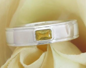 Radiant Cut Yellow Sapphire Ring: Sterling Silver Men's Wedding Band Natural