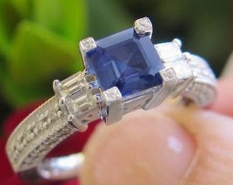 Square Blue Sapphire Ring: 14k White Gold Baguette Diamond Engagement Ring