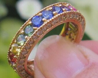 CLEARANCE Rainbow Sapphire Diamond Eternity Ring 14k Yellow Gold 5 3/4 Reg 5369USD 30%off
