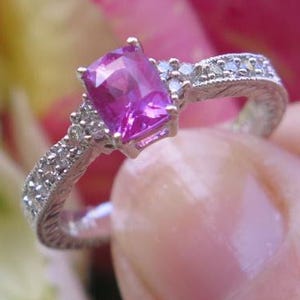 Hot Pink Sapphire Ring: 1.30 ct Cushion, Diamond Accents, 14k White Gold
