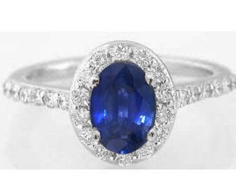 Genuine Blue Sapphire Ring with Diamonds 14k White Gold, Natural Sapphire Ring, Sapphire Engagement Ring, Diamond Halo Ring, Oval Sapphire