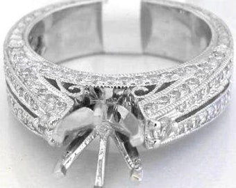 Genuine 0.85 ctw Round Diamond Semi Mount Ring in Solid 14k White Gold, Antique Style Engagement Mounting