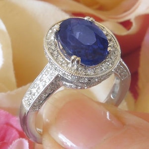 Natural Ceylon 3.64 carat Blue Sapphire Ring with 0.72 ctw Diamonds in 14k white gold, Real Oval Blue Sapphire Engagement Ring