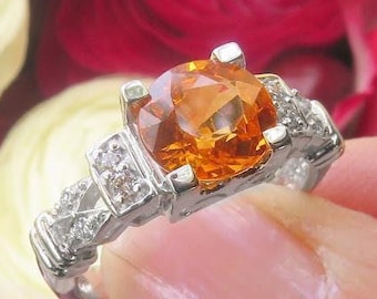 Spessartite Garnet Ring: 2.3 Carat Gemstone with Diamonds, 14k White Gold