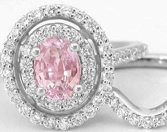 Genuine 1.12 ct Light Peach Pink Sapphire 0.66 ctw Diamond Ring 14k White Gold With 0.30 ctw Wedding Band, Peach Sapphire Engagement Ring