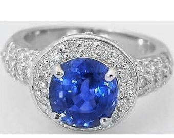 Real Ceylon Sapphire Ring in 18k White Gold, Genuine Cornflower Blue Sapphire Engagement Ring, 2.95 ct Natural Sapphire 0.72 ctw Diamonds