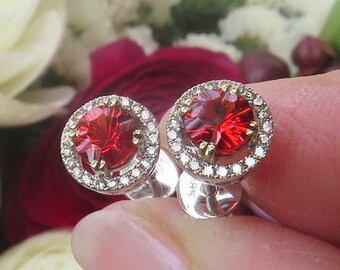 Genuine 5mm Round Red Orange Sapphire Earrings, Diamonds in 14k White Gold, Real Sapphire Solitaire Earrings, Natural Sapphire Stud Earrings