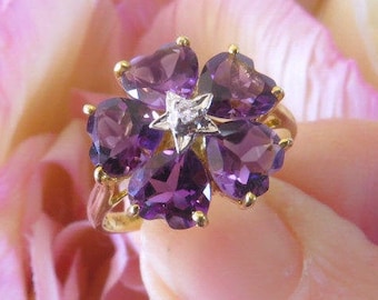 Amethyst Flower Ring: Heart Cut Gemstone, Diamond Accent, 14k Yellow Gold, Size 7.5