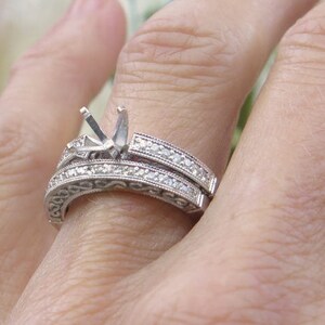 Genuine 0.33 ctw Round Diamond Semi Mount and Matching Wedding Band Set. Solid 14k White Gold. Engagement Ring Set. Infinity Figure 8 Design