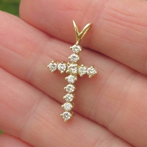 Real 0.60 ctw Round Diamond Cross Pendant in Solid 14k Yellow Gold. Genuine Diamonds.