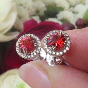 Red Orange Sapphire Earrings: Diamond Halo, 14k White Gold Studs