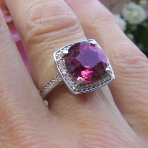 Pink Tourmaline Diamond Halo Ring: 14k White Gold October Birthstone