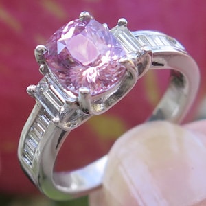 Natural Pink Sapphire & Diamond Platinum Ring - Baguette Accents