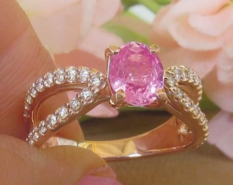 Natural Oval Bubblegum Pink Sapphire Ring: 14k Rose Gold Fine Diamonds Split Shank
