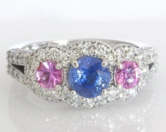 Ceylon Blue Sapphire and Pink Sapphire Ring, 1.0 ctw Diamonds 14k White Gold, Genuine Sapphire Ring, Sapphire Engagement Ring, Real Sapphire