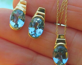 14k Yellow Gold Blue Topaz Pendant and Earrings Set