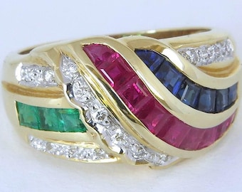 14k Yellow Gold Ruby, Sapphire, Emerald & Diamond Accent Ring