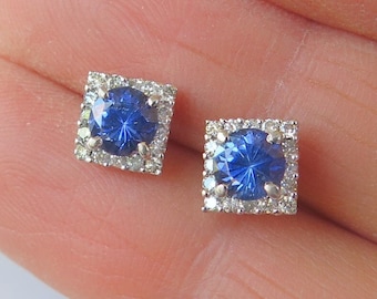 Ceylon Blue Sapphire Diamond Halo Earrings, 14k White Gold