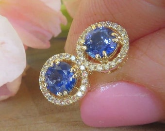 Ceylon Blue Sapphire Earrings with Diamonds in Solid 14k Yellow Gold, 1.07 ctw Ceylon Sapphires with 0.20 ctw Diamonds, Not Lab Created