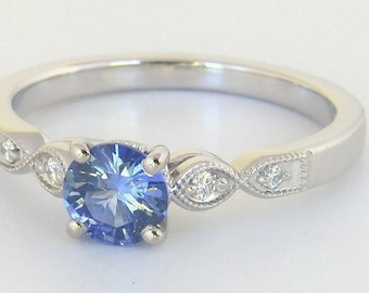 Ceylon Blue Sapphire Ring: 0.65 ct Round Diamond Accent, 14k White Gold