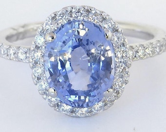 Unheated Oval Ceylon Sapphire Diamond Halo Ring: 14k White Gold Engagement Ring
