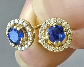 Ceylon Sapphire Earrings with Diamond Halo in 14k Yellow Gold