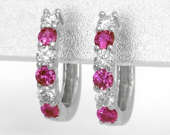 Genuine Hot Pink Sapphire Hoop Earrings in 14k White Gold, Ideal Cut Diamond Earrings, Real Sapphires, Gemstone Earring Gift for Her