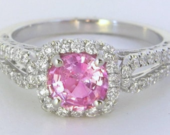 Pink Sapphire Diamond Ring: Halo Setting, Split Shank 18k White Gold Engagement Ring