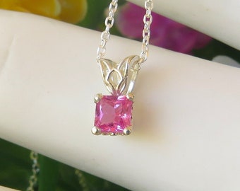 Genuine Sapphire Necklace. Real 0.46ct Princess Cut Pink Sapphire Pendant. Solitaire Necklace. Sterling Silver. Choice of chain lengths.
