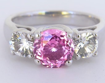 1.55ct Ceylon Pink Sapphire Ring: 18k White Gold Trellis Ring, Three Stone Round Gems