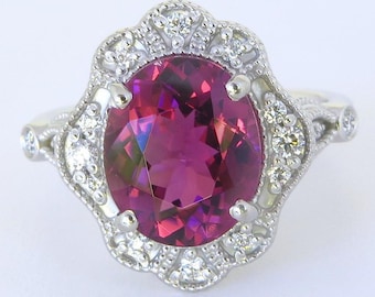 Vintage Style Natural Pink Tourmaline Ring: 14k White Gold Diamond Halo