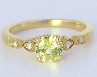 Natural Yellow Sapphire Ring: 0.92ct Round Gem, 14k Gold, Diamond Accents, Delicate Promise Ring