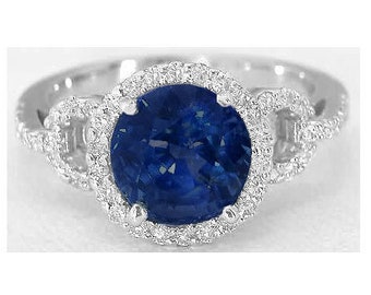 Genuine Blue Sapphire Ring 0.48 ctw Diamonds 14k White Gold, Real Sapphire Engagement Ring, Diamond Halo Ring, 2.23 ct Round Sapphire