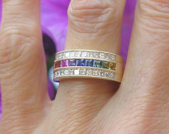 1.1ctw Rainbow Sapphire Diamond Band Ring, 14k Gold Anniversary Ring