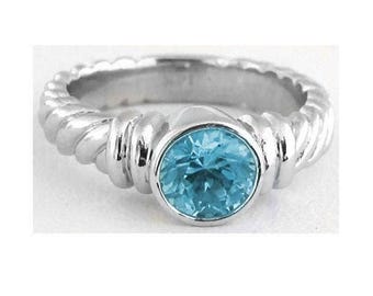1.3 Carat Blue Zircon Ring: 14k White Gold Bezel Solitaire