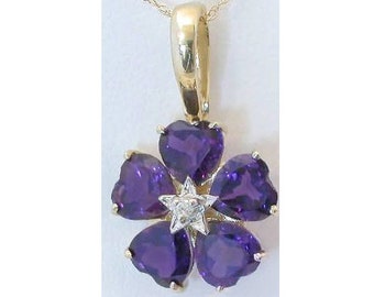 14k Yellow Gold Amethyst Flower Pendant with Heart Shape Gemstones and Diamond Accent. 4.5 carats total of Amethyst. Great Holiday Gift.