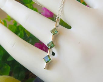 Green Sapphire Pendant: Sterling Silver 3-Stone Princess Necklace