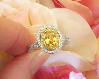 Oval Yellow Sapphire Engagement Ring Set: 14k White & Yellow Gold Diamond Halo Setting