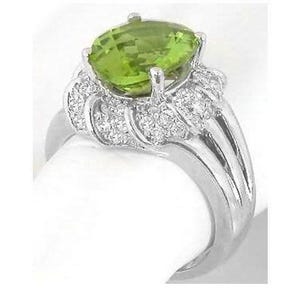 Diamond Encrusted Halo Style Peridot Ring with Triple Split Shank in 14k white gold