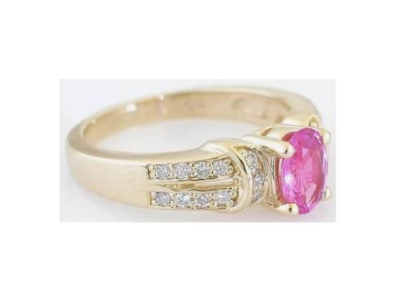 Pink Sapphire Diamond Ring: 14k Yellow Gold Oval Engagement Ring Split Shank image 3