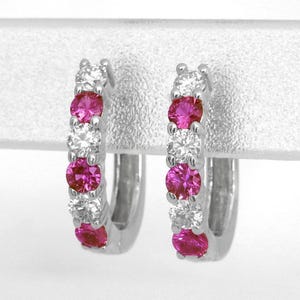 Genuine Hot Pink Sapphire Hoop Earrings in 14k White Gold, Ideal Cut Diamond Earrings, Real Sapphires, Gemstone Earring Gift for Her